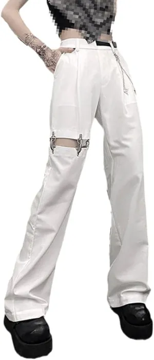 High Waist Wide Leg Pants, High Street Harajuku Black Trousers, Women Casual Loose Pant with Belt Chain