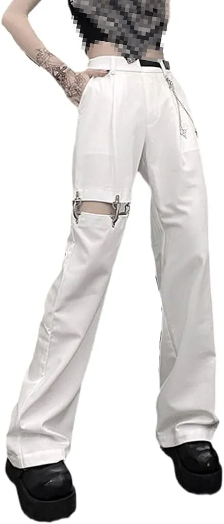 High Waist Wide Leg Pants, High Street Harajuku Black Trousers, Women Casual Loose Pant with Belt Chain