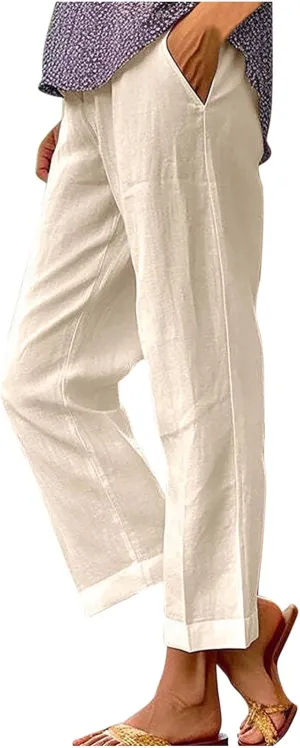 Hvyesh Women Cotton Linen Pants 2024 Summer Wide Leg Casual Loose High Waist Straight Lounge Pants Trousers with Pockets