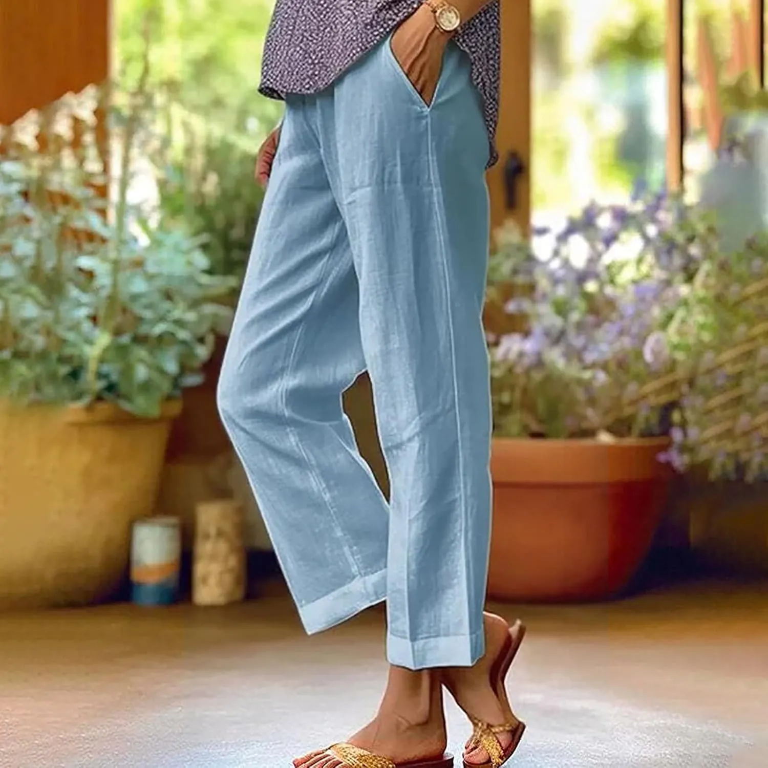 Hvyesh Women Cotton Linen Pants 2024 Summer Wide Leg Casual Loose High Waist Straight Lounge Pants Trousers with Pockets
