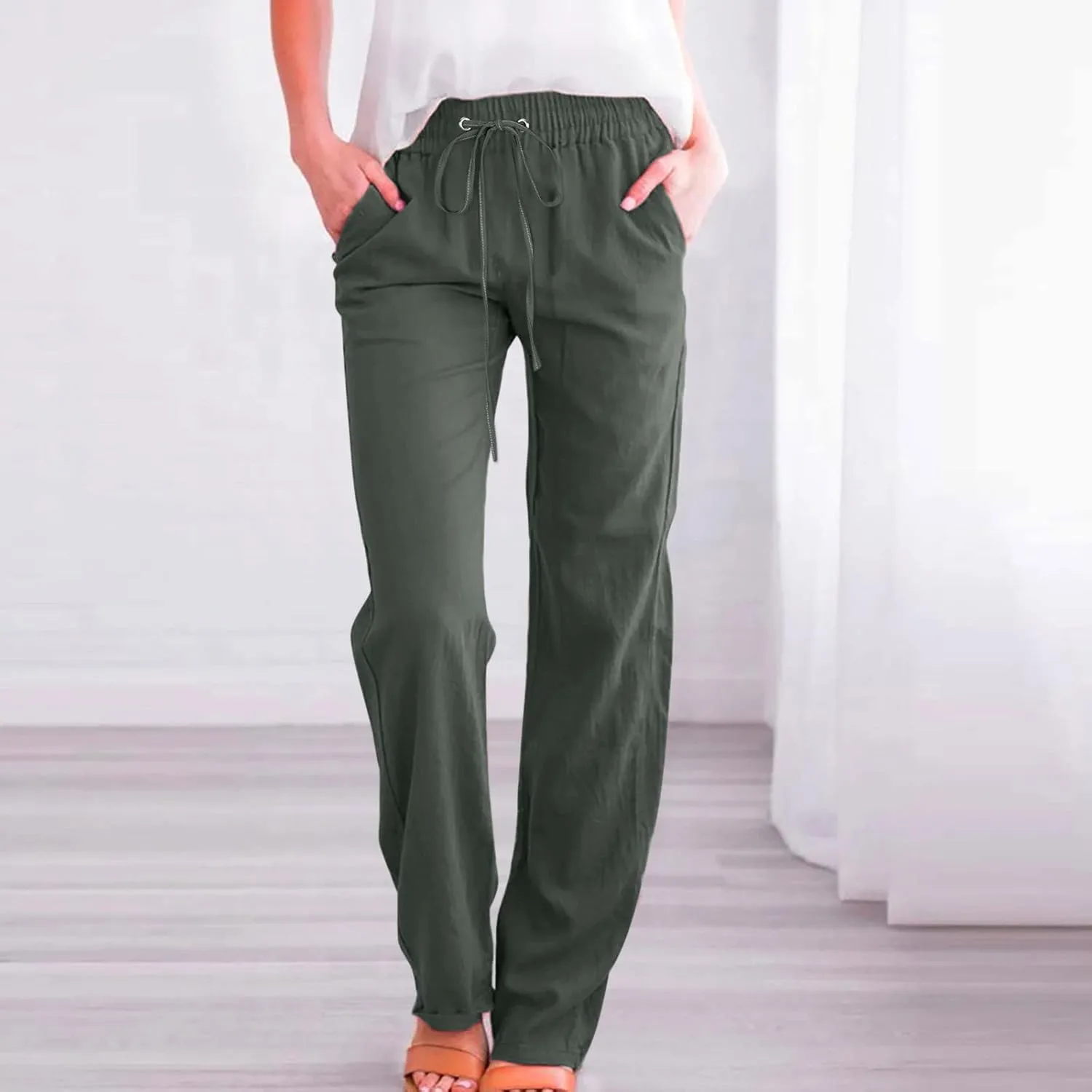 Hvyesh Women Cotton Linen Pants 2025 Summer Wide Leg Drawstring Elastic High Waisted Lounge Pants Casual Beach Trousers