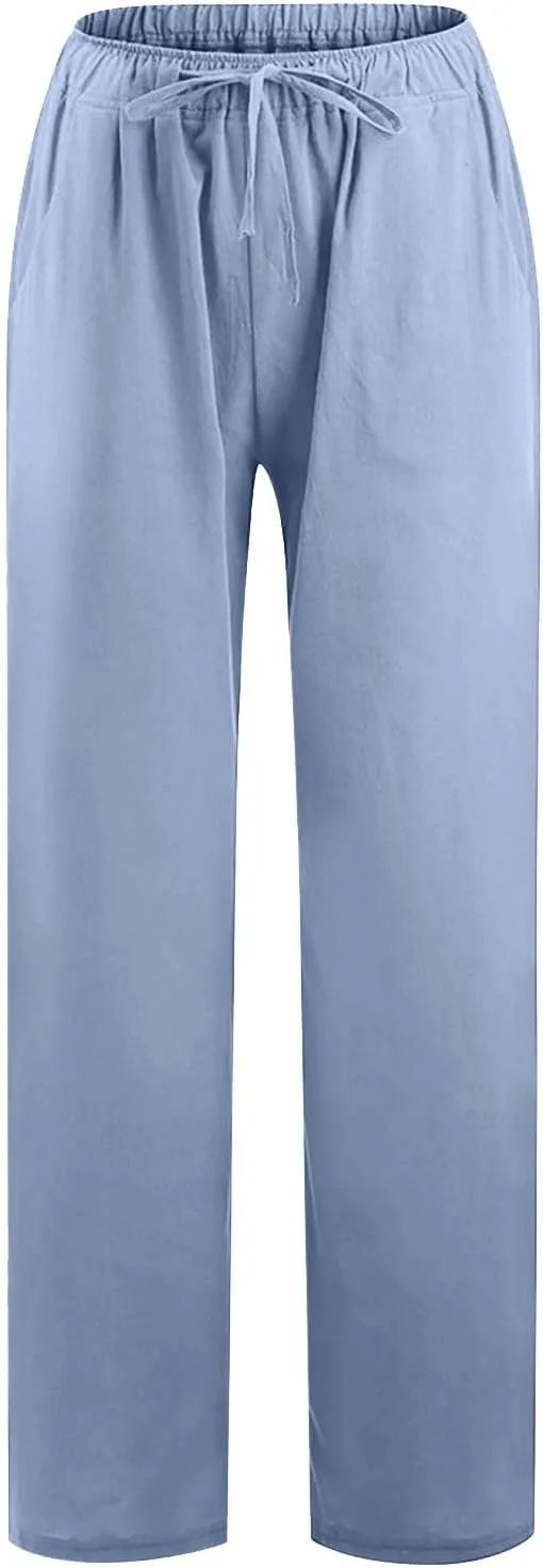 Hvyesh Women Cotton Linen Pants Summer Wide Leg Casual Loose Drawstring High Waist Palazzo Pants Trousers with Pockets