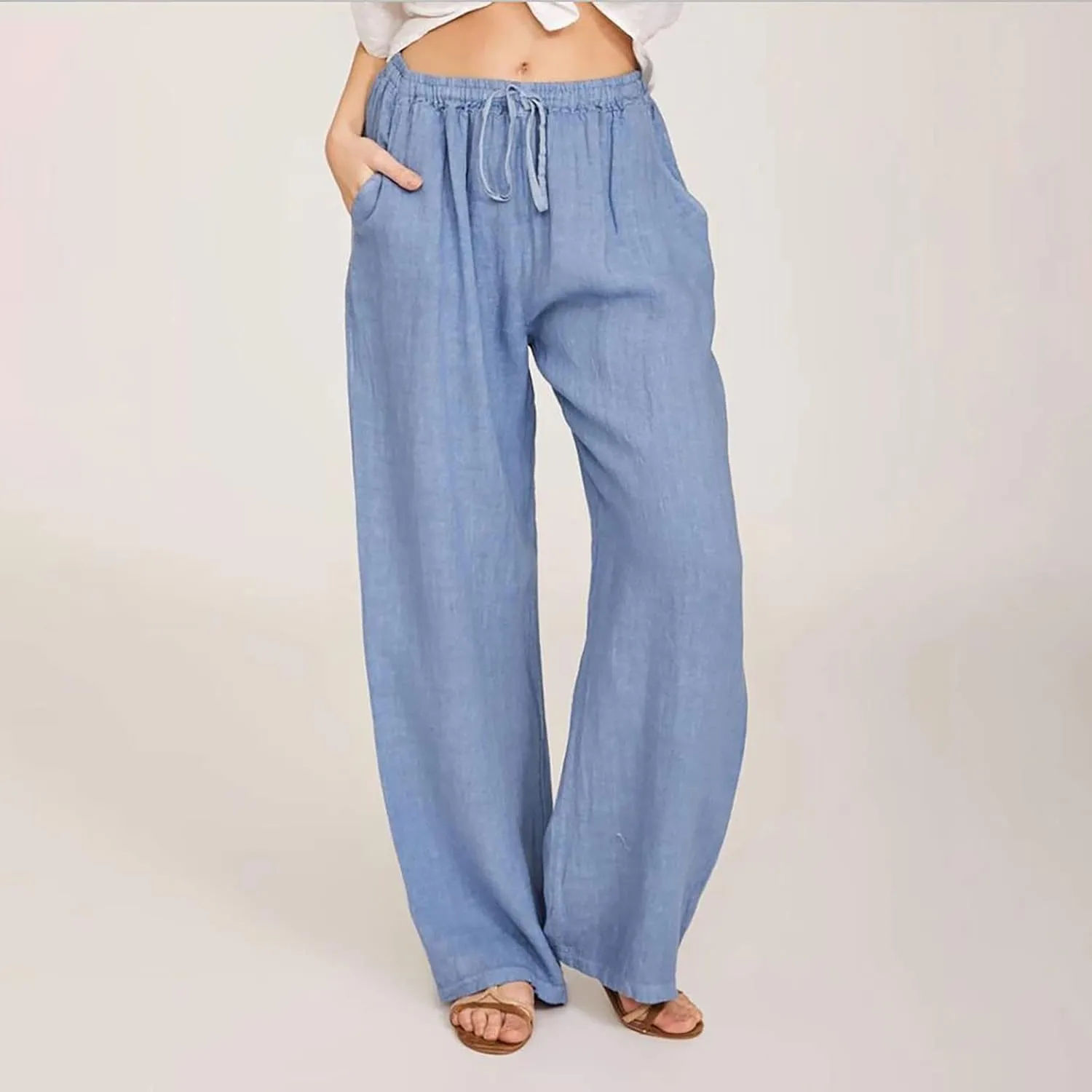 Hvyesh Women Cotton Linen Pants Summer Wide Leg Casual Loose Drawstring High Waist Palazzo Pants Trousers with Pockets