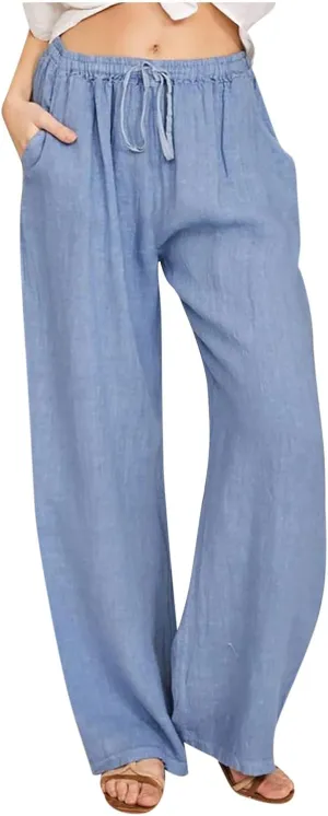Hvyesh Women Cotton Linen Pants Summer Wide Leg Casual Loose Drawstring High Waist Palazzo Pants Trousers with Pockets