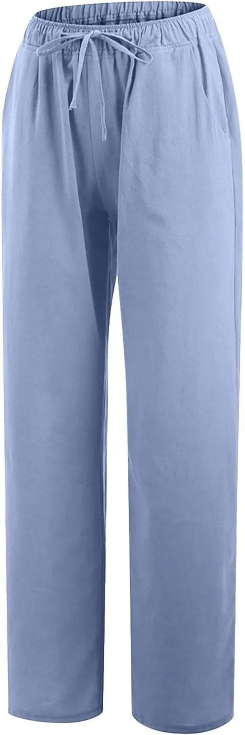 Hvyesh Women Cotton Linen Pants Summer Wide Leg Casual Loose Drawstring High Waist Palazzo Pants Trousers with Pockets