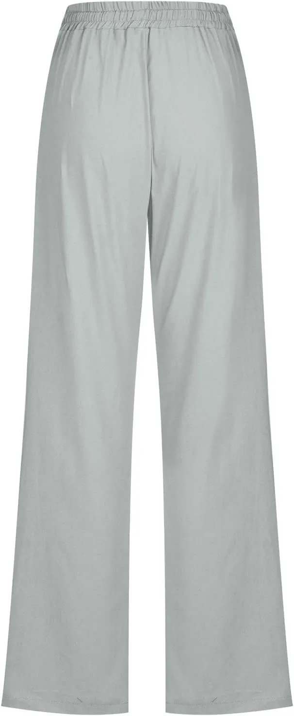 Hvyesh Womens Casual Cotton Linen Pants Lightweight Summer Relax Fit Elastic Waist Straight Leg Solid Lounge Long Trousers