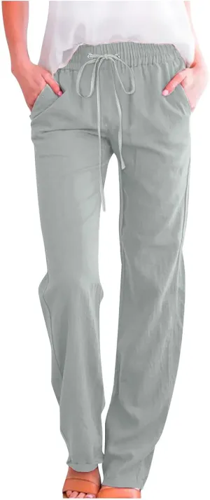Hvyesh Womens Casual Cotton Linen Pants Lightweight Summer Relax Fit Elastic Waist Straight Leg Solid Lounge Long Trousers
