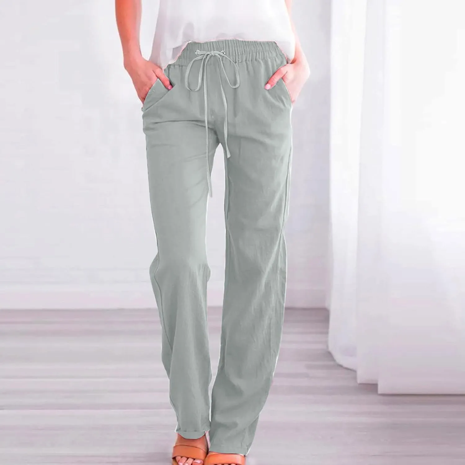 Hvyesh Womens Casual Cotton Linen Pants Lightweight Summer Relax Fit Elastic Waist Straight Leg Solid Lounge Long Trousers