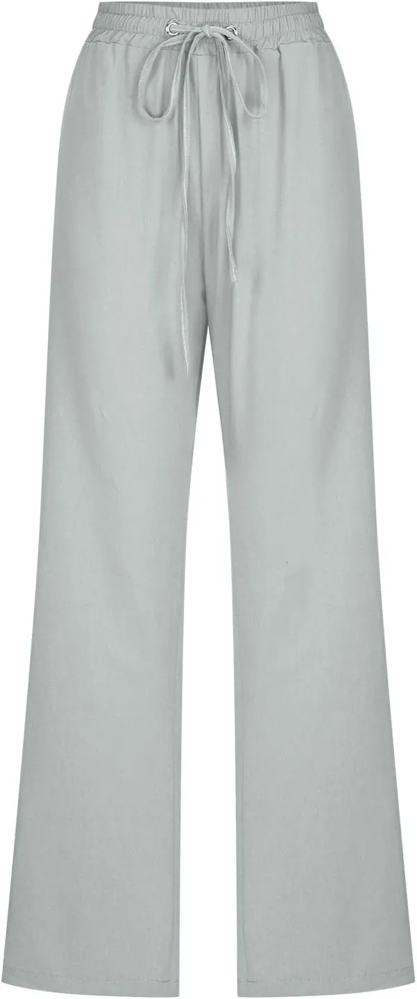Hvyesh Womens Casual Cotton Linen Pants Lightweight Summer Relax Fit Elastic Waist Straight Leg Solid Lounge Long Trousers