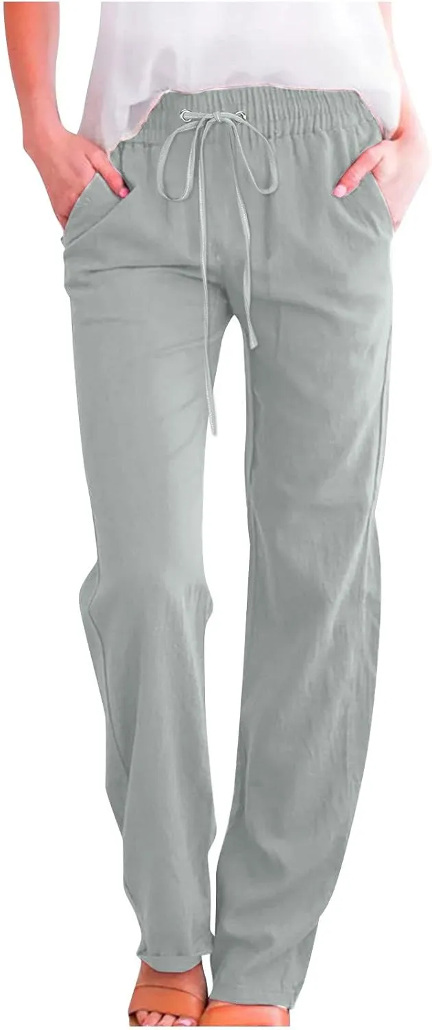 Hvyesh Womens Casual Cotton Linen Pants Lightweight Summer Relax Fit Elastic Waist Straight Leg Solid Lounge Long Trousers