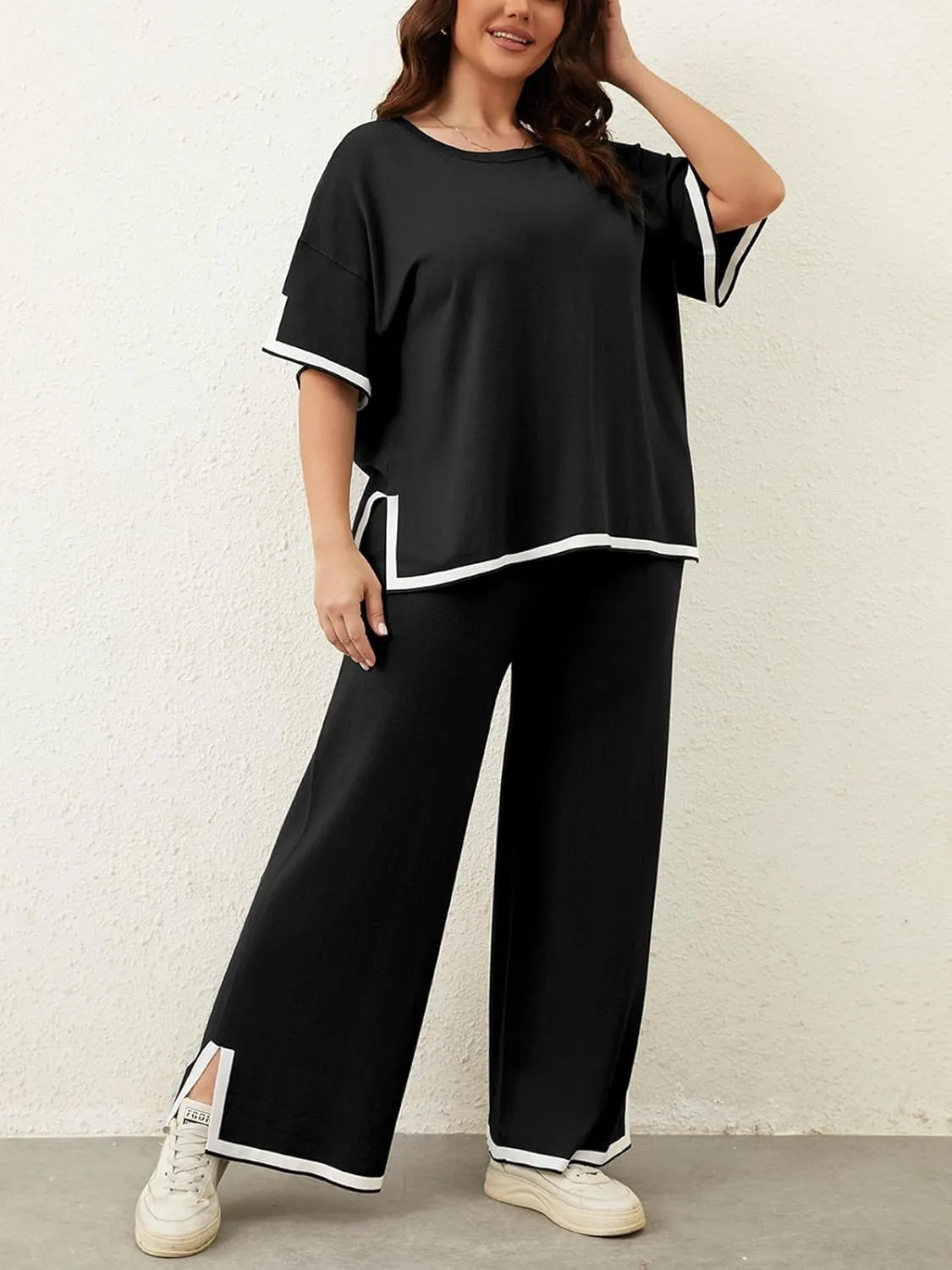 Imily Bela Womens Plus Size Lounge Sets 2 Piece Outfits Short Sleeve Pullover Tops Wide Leg Pants Summer Travel Outfits