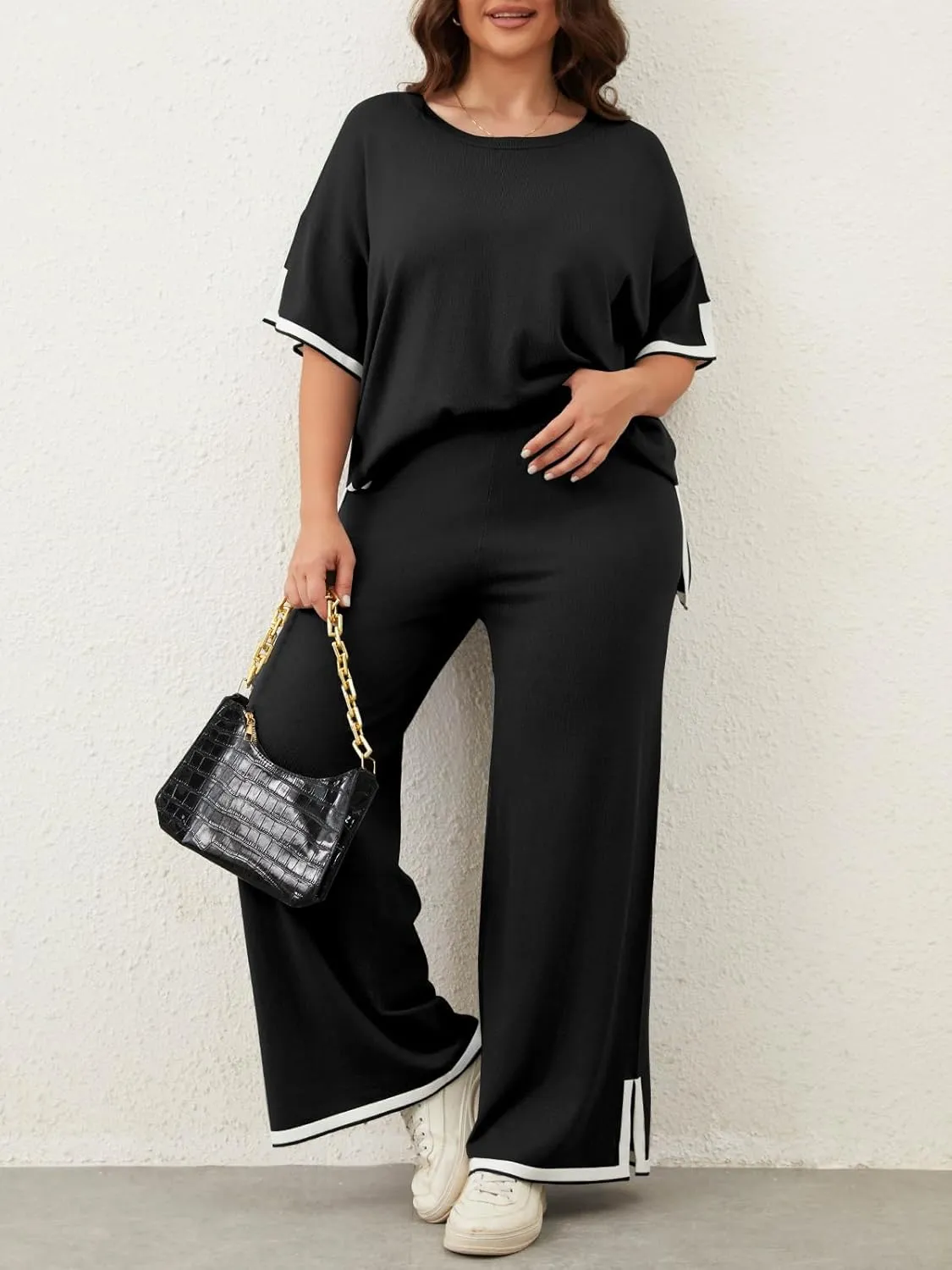 Imily Bela Womens Plus Size Lounge Sets 2 Piece Outfits Short Sleeve Pullover Tops Wide Leg Pants Summer Travel Outfits