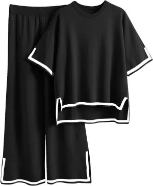Imily Bela Womens Plus Size Lounge Sets 2 Piece Outfits Short Sleeve Pullover Tops Wide Leg Pants Summer Travel Outfits