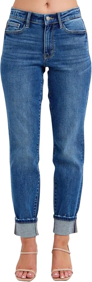 Judy Blue Women's Mid-Rise Vintage Wash Cuffed Boyfriend Jeans
