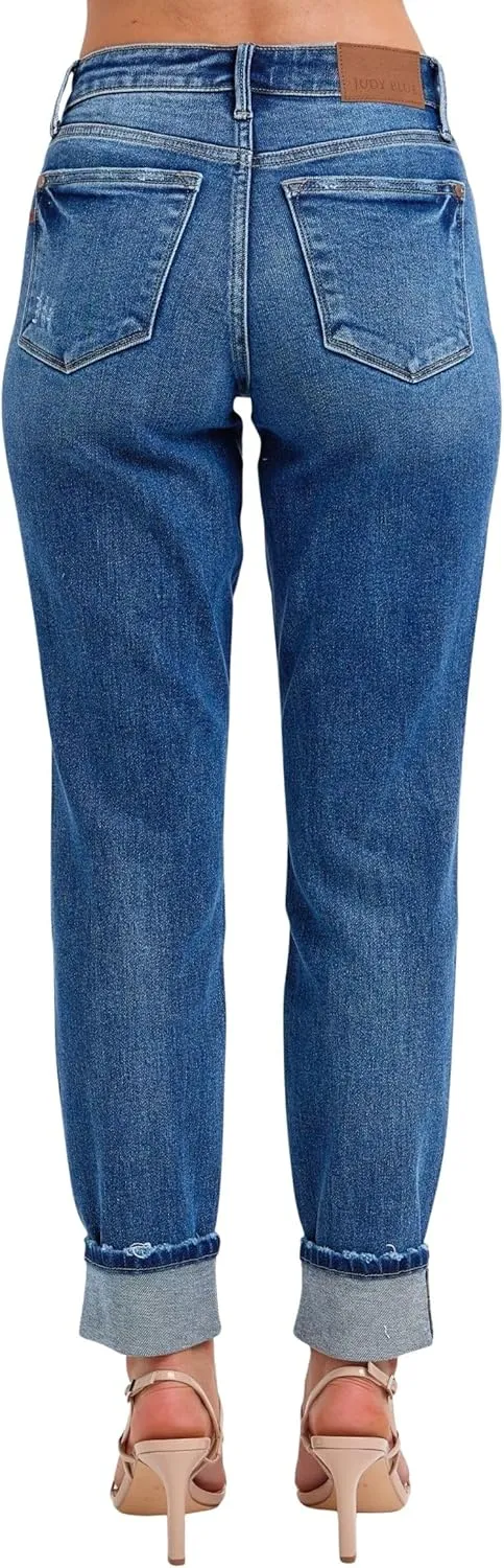 Judy Blue Women's Mid-Rise Vintage Wash Cuffed Boyfriend Jeans