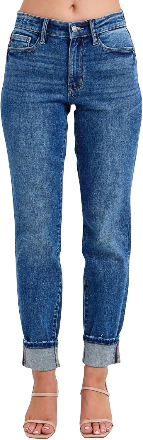 Judy Blue Women's Mid-Rise Vintage Wash Cuffed Boyfriend Jeans