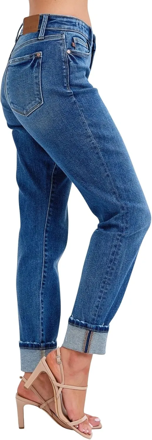 Judy Blue Women's Mid-Rise Vintage Wash Cuffed Boyfriend Jeans