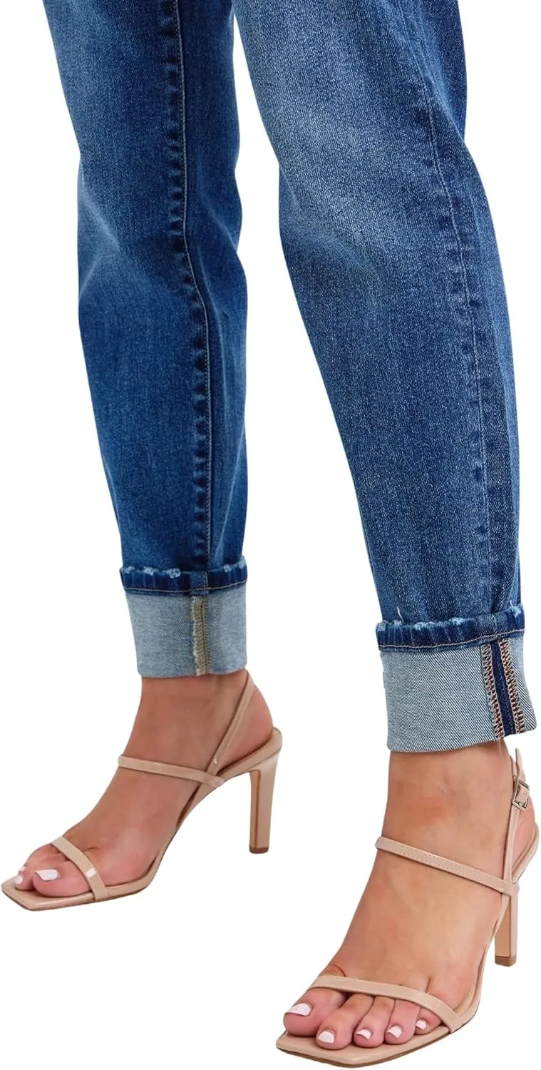 Judy Blue Women's Mid-Rise Vintage Wash Cuffed Boyfriend Jeans