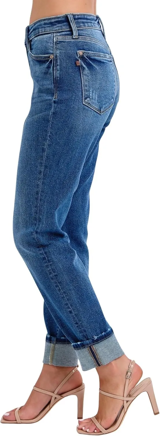 Judy Blue Women's Mid-Rise Vintage Wash Cuffed Boyfriend Jeans