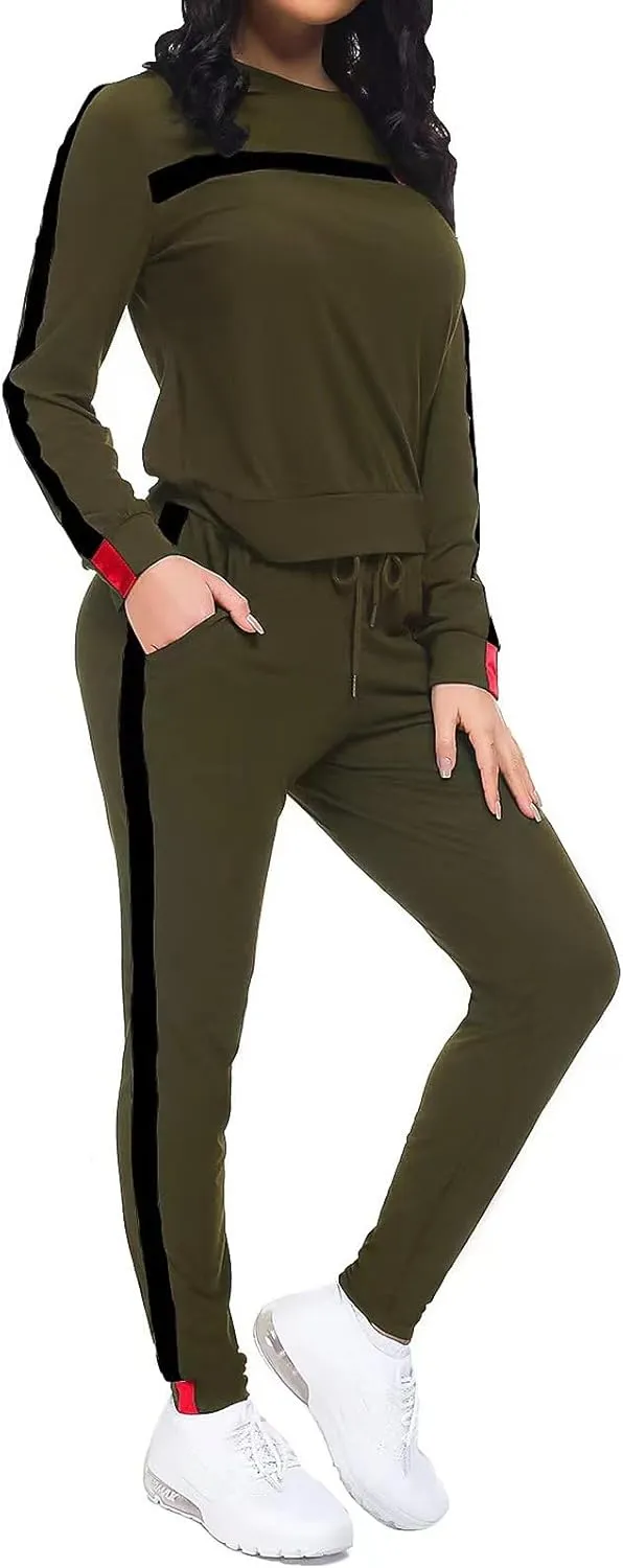 KANSOON Women Stripe Patchwork Two Piece Sweatsuit Round Neck Pullover and Skinny Long Pants Sets