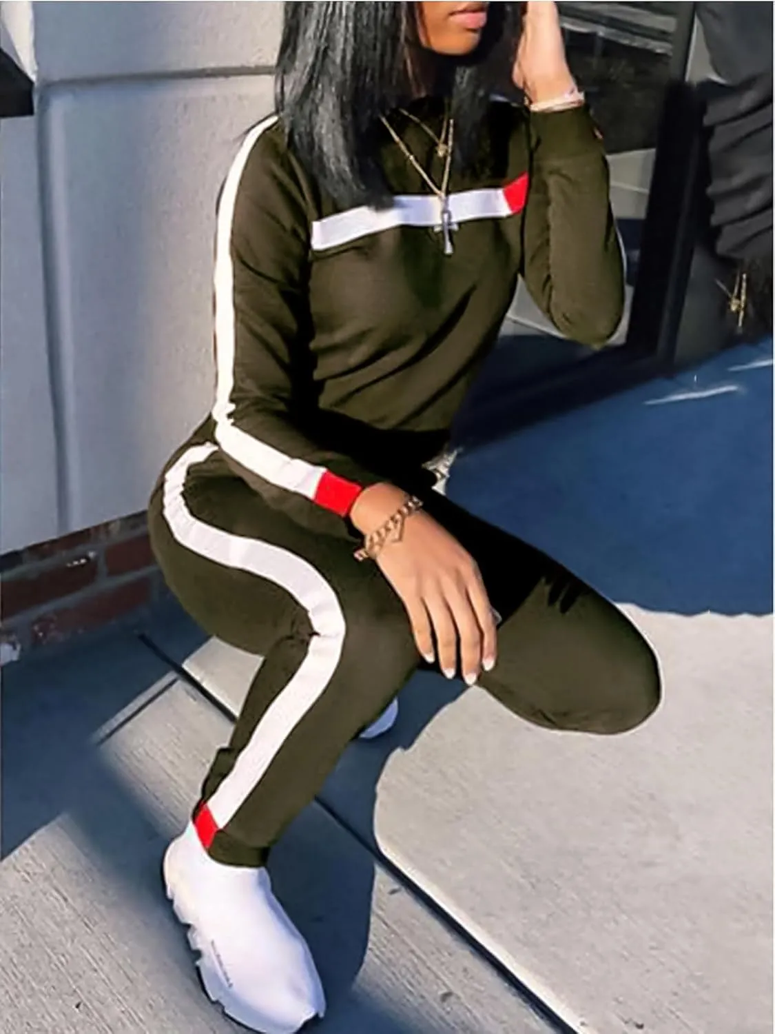 KANSOON Women Stripe Patchwork Two Piece Sweatsuit Round Neck Pullover and Skinny Long Pants Sets
