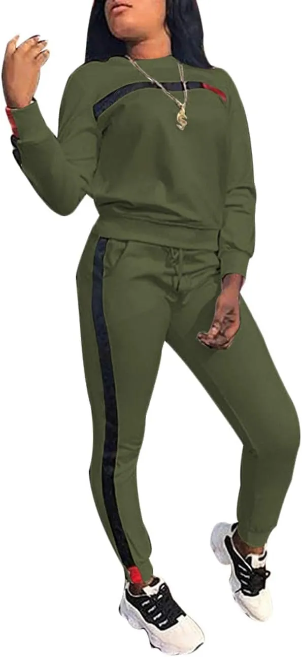KANSOON Women Stripe Patchwork Two Piece Sweatsuit Round Neck Pullover and Skinny Long Pants Sets