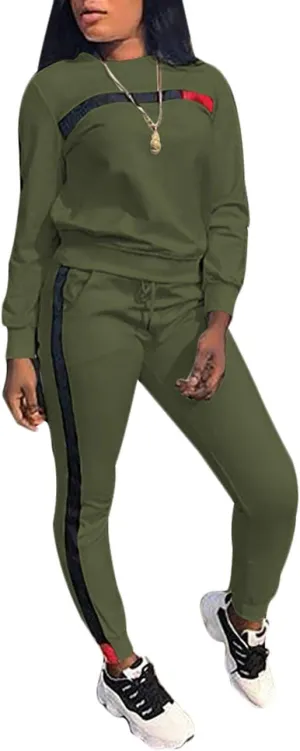 KANSOON Women Stripe Patchwork Two Piece Sweatsuit Round Neck Pullover and Skinny Long Pants Sets