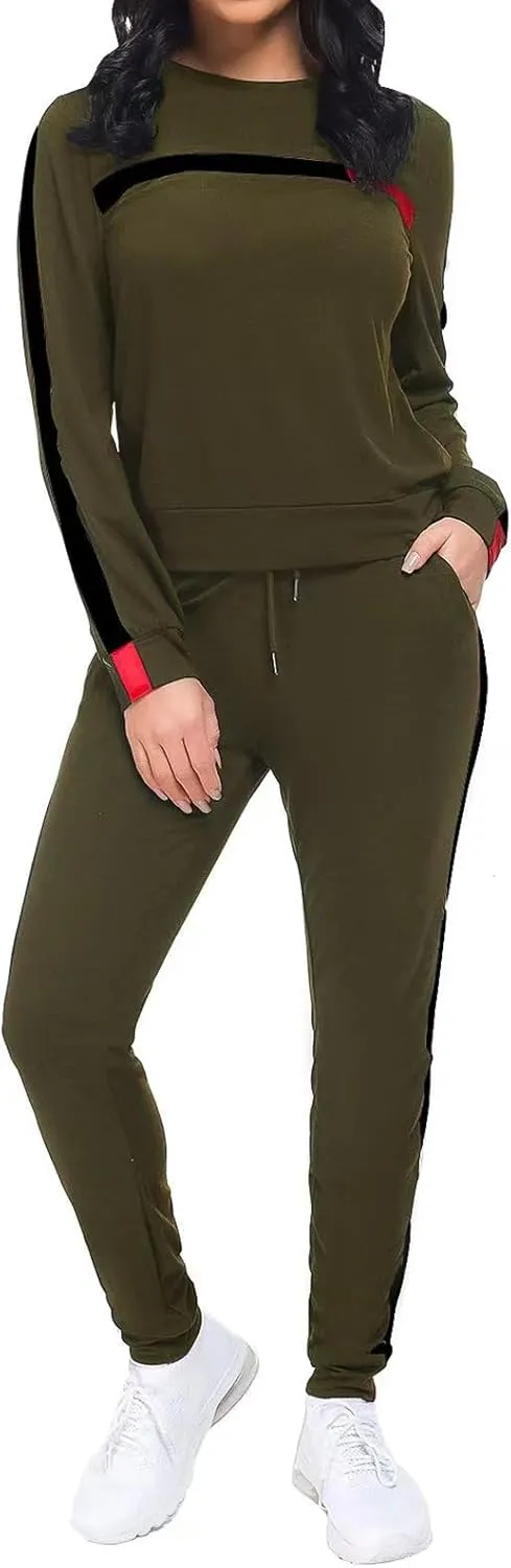 KANSOON Women Stripe Patchwork Two Piece Sweatsuit Round Neck Pullover and Skinny Long Pants Sets