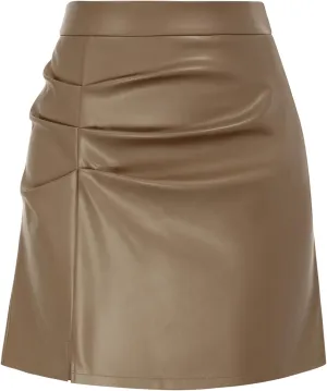 Kate Kasin Women's Faux Leather Mini Skirts Front Slit Ruched A-Line High Waist Bodycon Pencil Skirt S-XXL