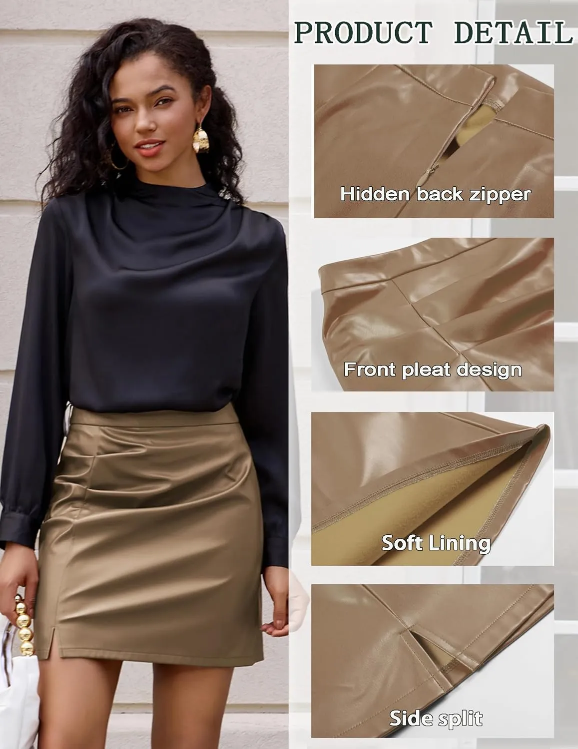 Kate Kasin Women's Faux Leather Mini Skirts Front Slit Ruched A-Line High Waist Bodycon Pencil Skirt S-XXL
