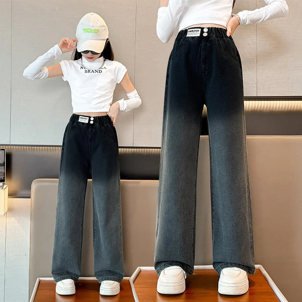 Kids Girls Baggy Jeans Casual Wide Leg High Waist Denim Pants Size 5-14 Years