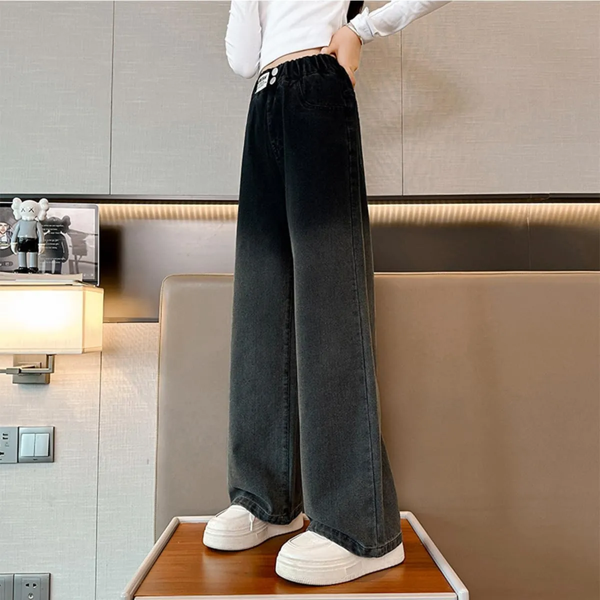 Kids Girls Baggy Jeans Casual Wide Leg High Waist Denim Pants Size 5-14 Years