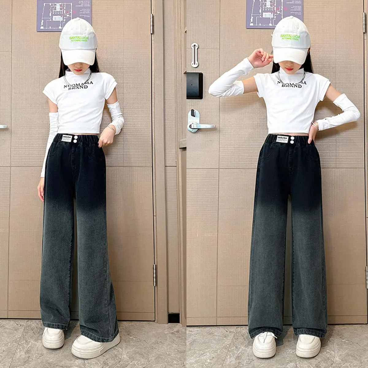 Kids Girls Baggy Jeans Casual Wide Leg High Waist Denim Pants Size 5-14 Years