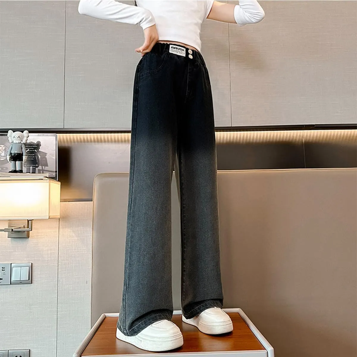 Kids Girls Baggy Jeans Casual Wide Leg High Waist Denim Pants Size 5-14 Years