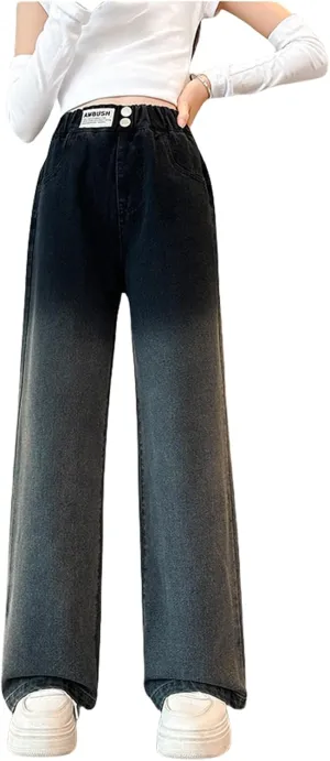 Kids Girls Baggy Jeans Casual Wide Leg High Waist Denim Pants Size 5-14 Years