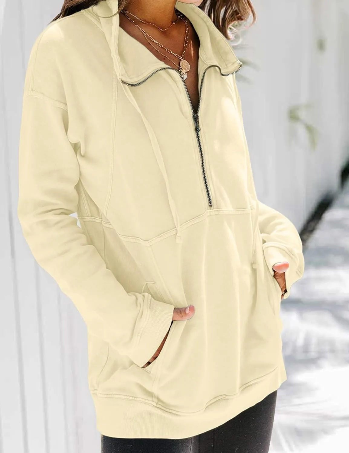 Ladmous Womens Casual Long Sleeve Half Zip Sweatshirt Lapel Drawstring Oversized Pullover Tops with PocketsS-2XL