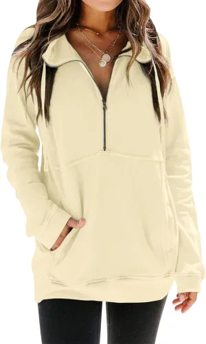 Ladmous Womens Casual Long Sleeve Half Zip Sweatshirt Lapel Drawstring Oversized Pullover Tops with PocketsS-2XL