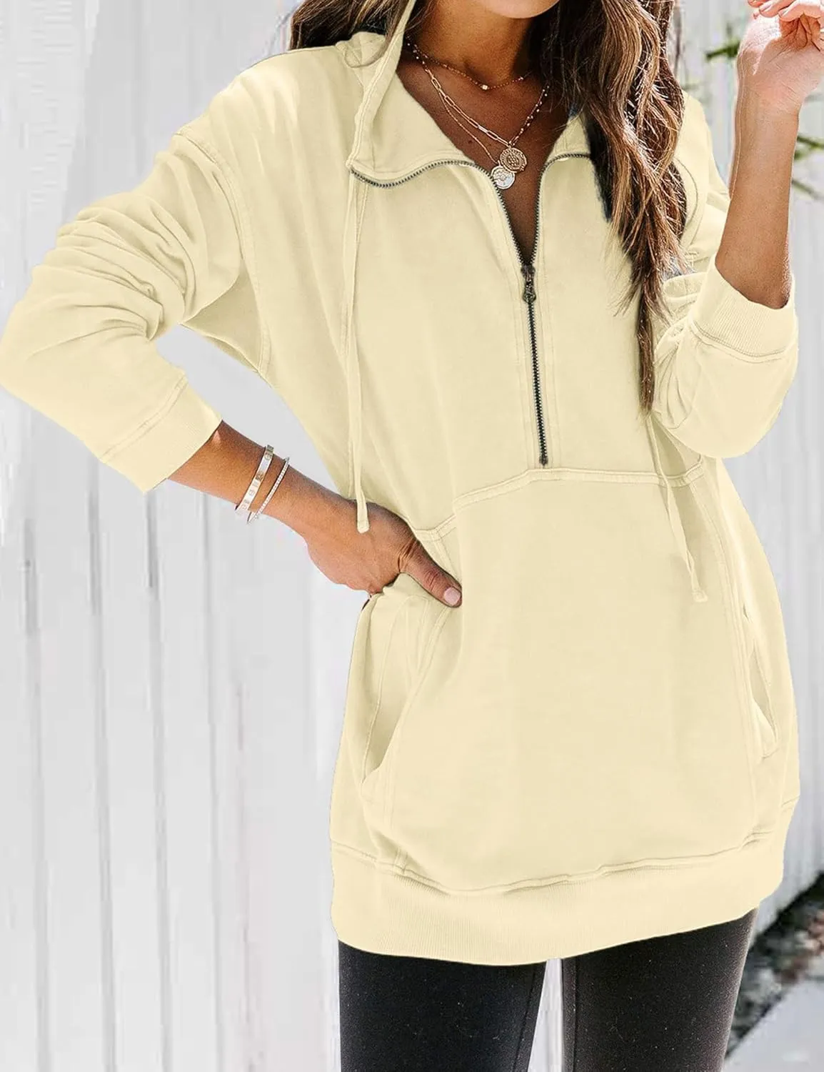 Ladmous Womens Casual Long Sleeve Half Zip Sweatshirt Lapel Drawstring Oversized Pullover Tops with PocketsS-2XL