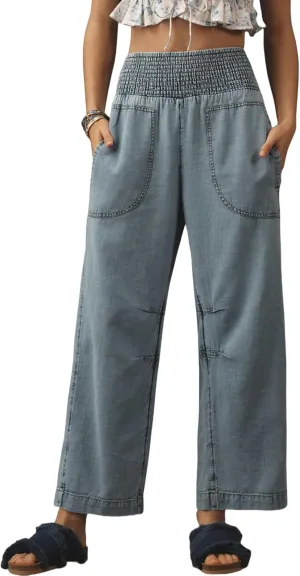 LifeShe Women Wide Leg Baggy Jeans Smocked High Waist Barrel Jean Y2K Boyfriend Denim Pants with Pockets