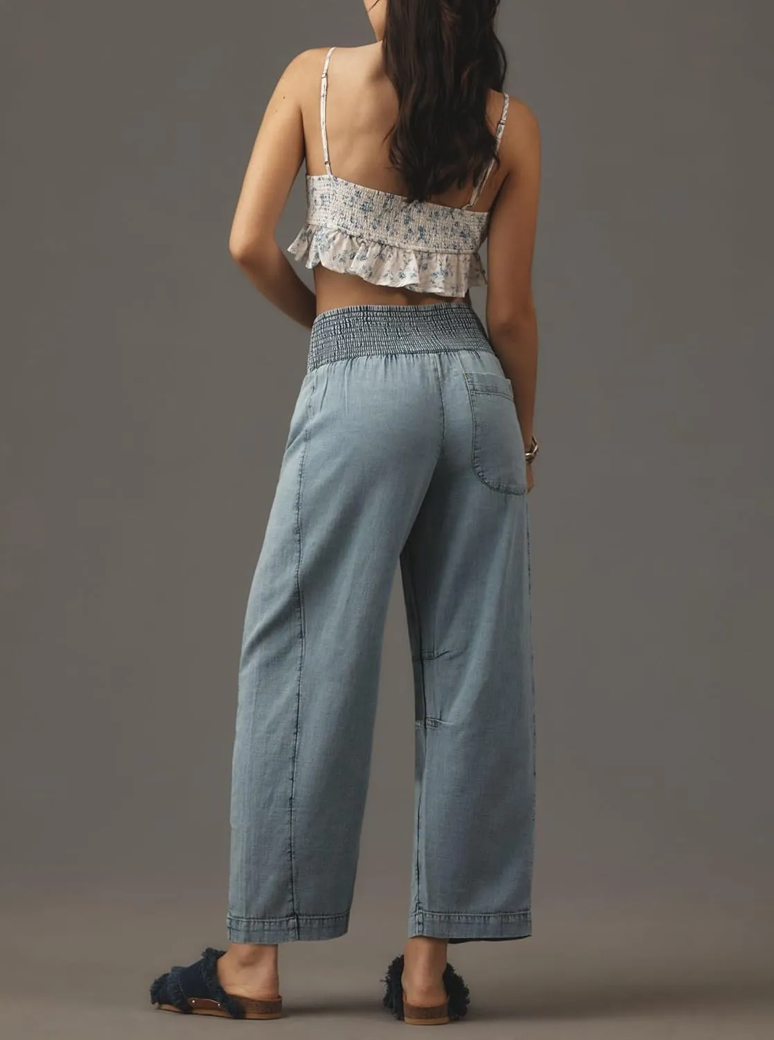 LifeShe Women Wide Leg Baggy Jeans Smocked High Waist Barrel Jean Y2K Boyfriend Denim Pants with Pockets