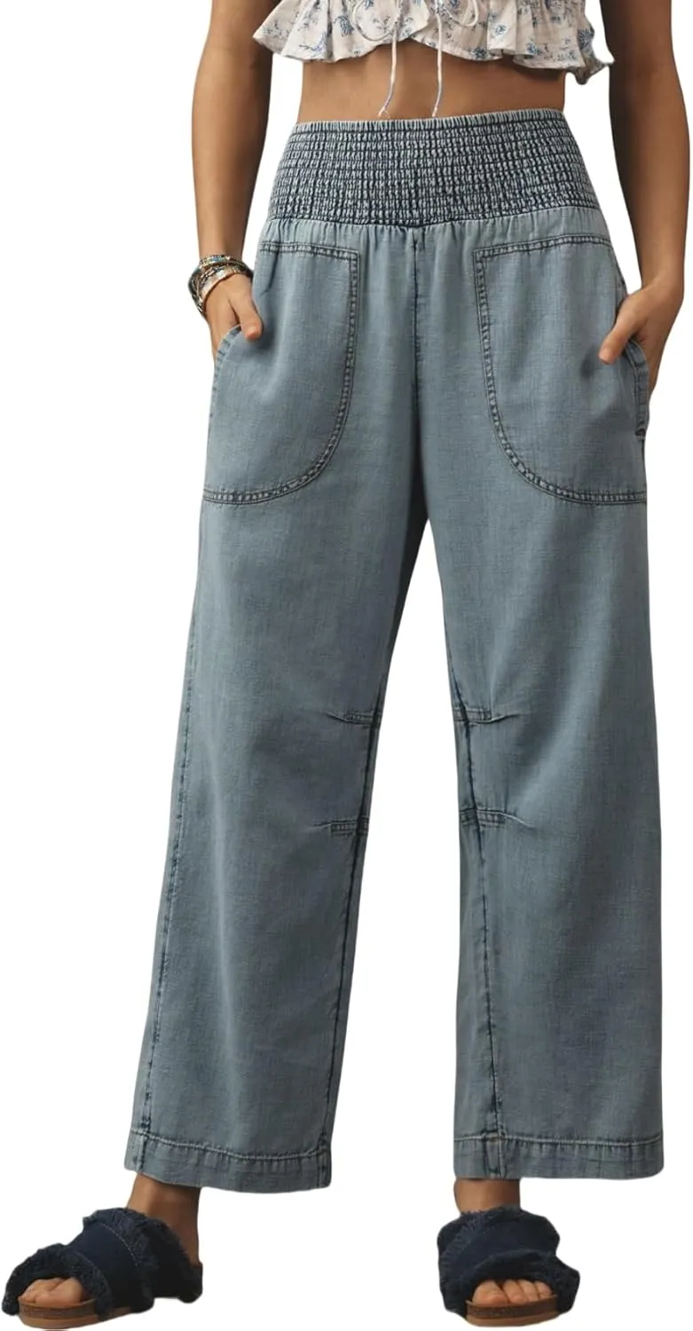 LifeShe Women Wide Leg Baggy Jeans Smocked High Waist Barrel Jean Y2K Boyfriend Denim Pants with Pockets
