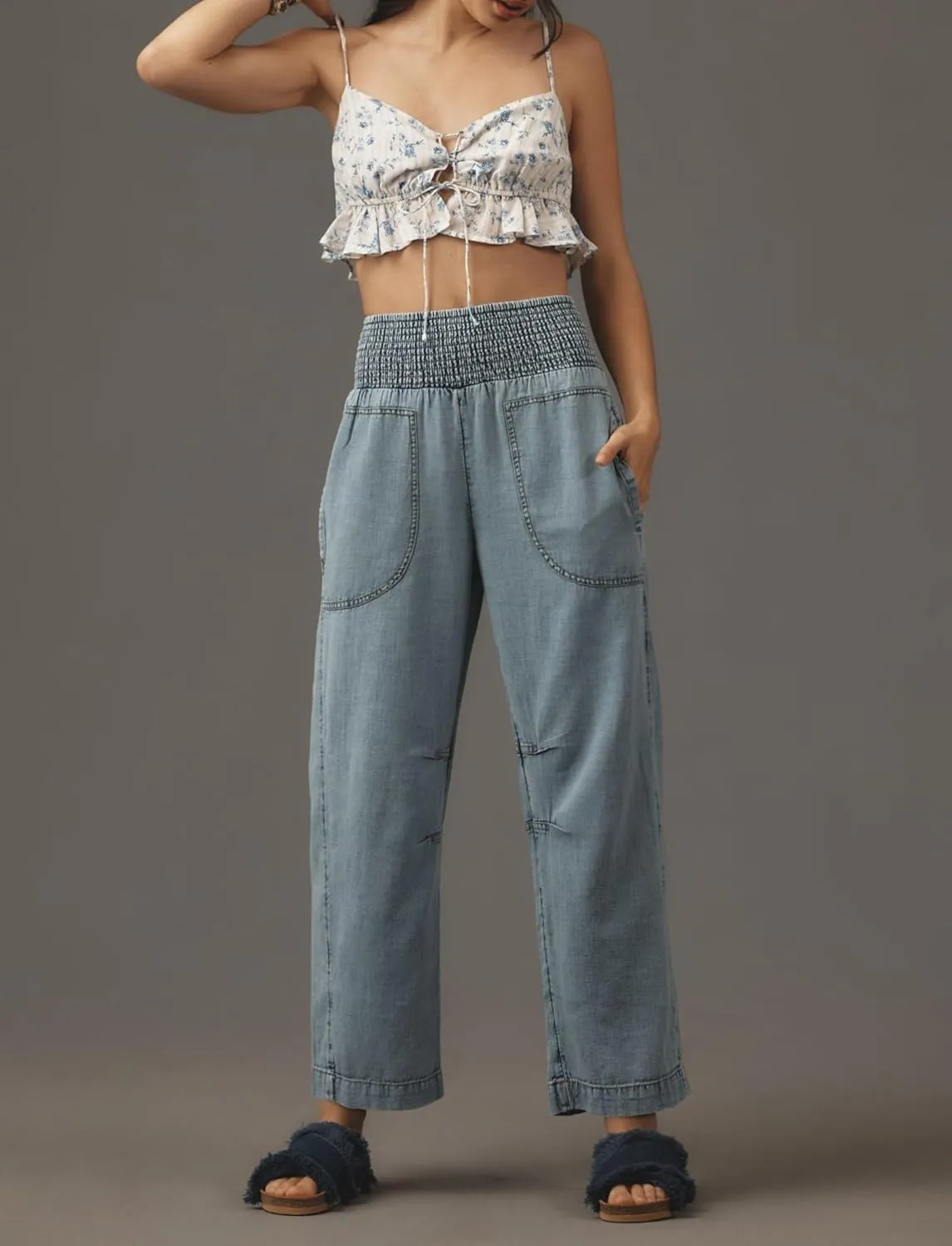 LifeShe Women Wide Leg Baggy Jeans Smocked High Waist Barrel Jean Y2K Boyfriend Denim Pants with Pockets