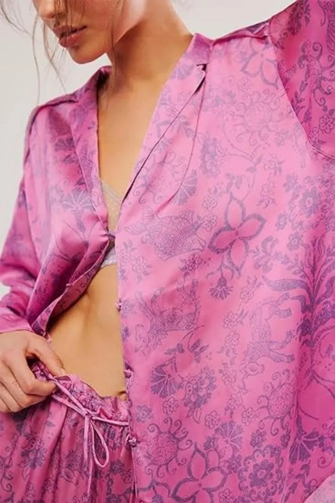 LILTWIST Silk Satin Pajamas Set for Women 2 Piece Floral Pjs Wide Leg Lounge Pants Set Long Sleeve Button down Pj Shirts Set