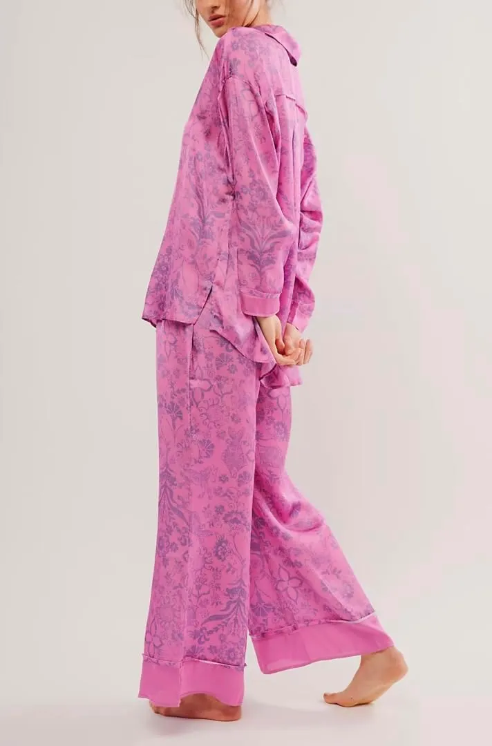 LILTWIST Silk Satin Pajamas Set for Women 2 Piece Floral Pjs Wide Leg Lounge Pants Set Long Sleeve Button down Pj Shirts Set