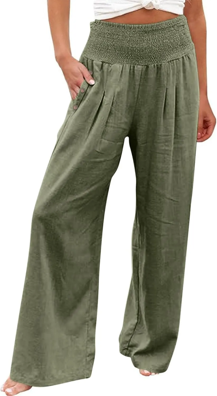 Linen Capri Pants for Women Plus Size Women's Linen Wide Leg Pants 2024 Summer Casual Loose Beach Palazzo Harem Pants
