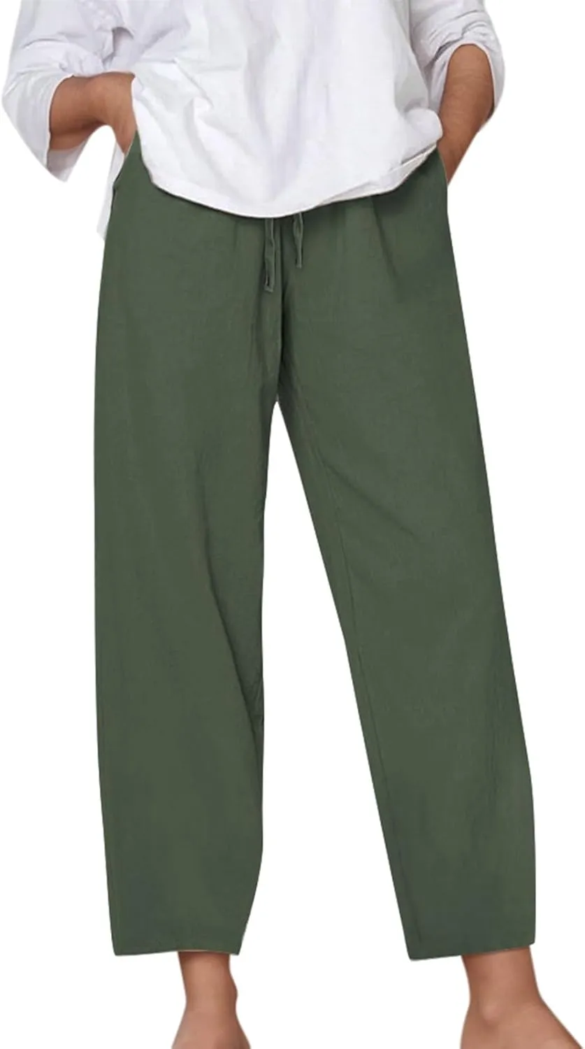 Linen Pants for Women Loose Elastic High Waist Yoga Pants Relax Fit Comfy Casual Trousers with Pockets Summer 2025