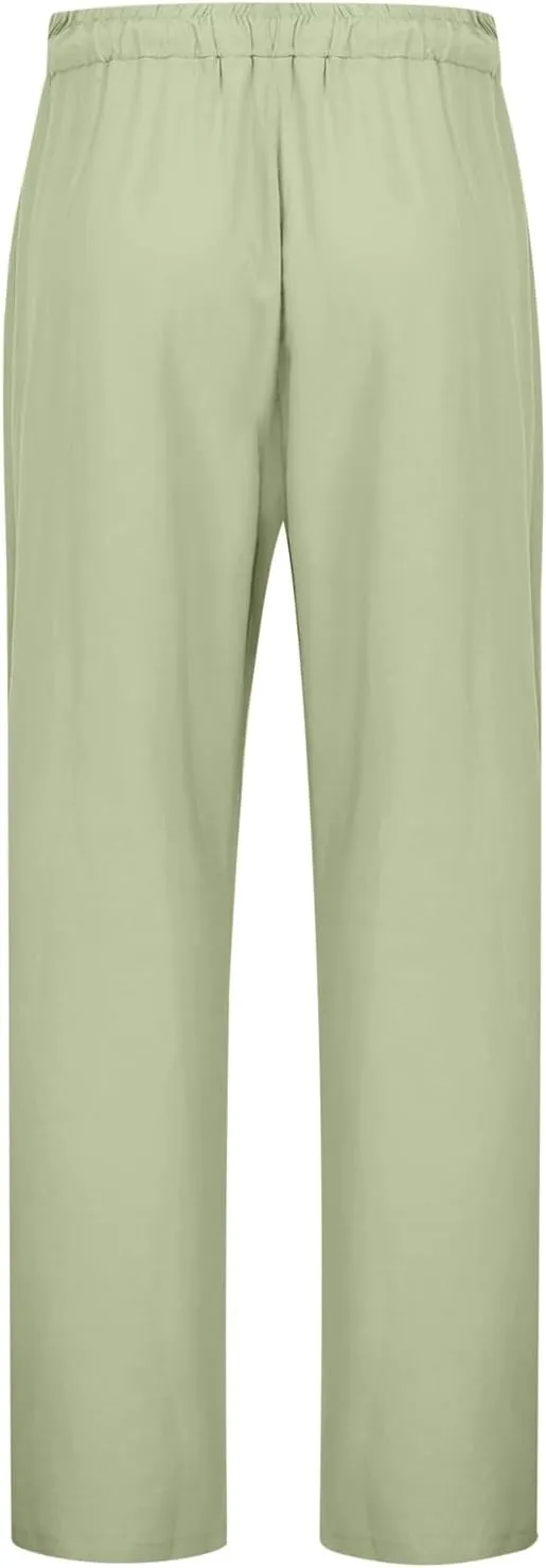 Linen Pants for Women Loose Elastic High Waist Yoga Pants Relax Fit Comfy Casual Trousers with Pockets Summer 2025