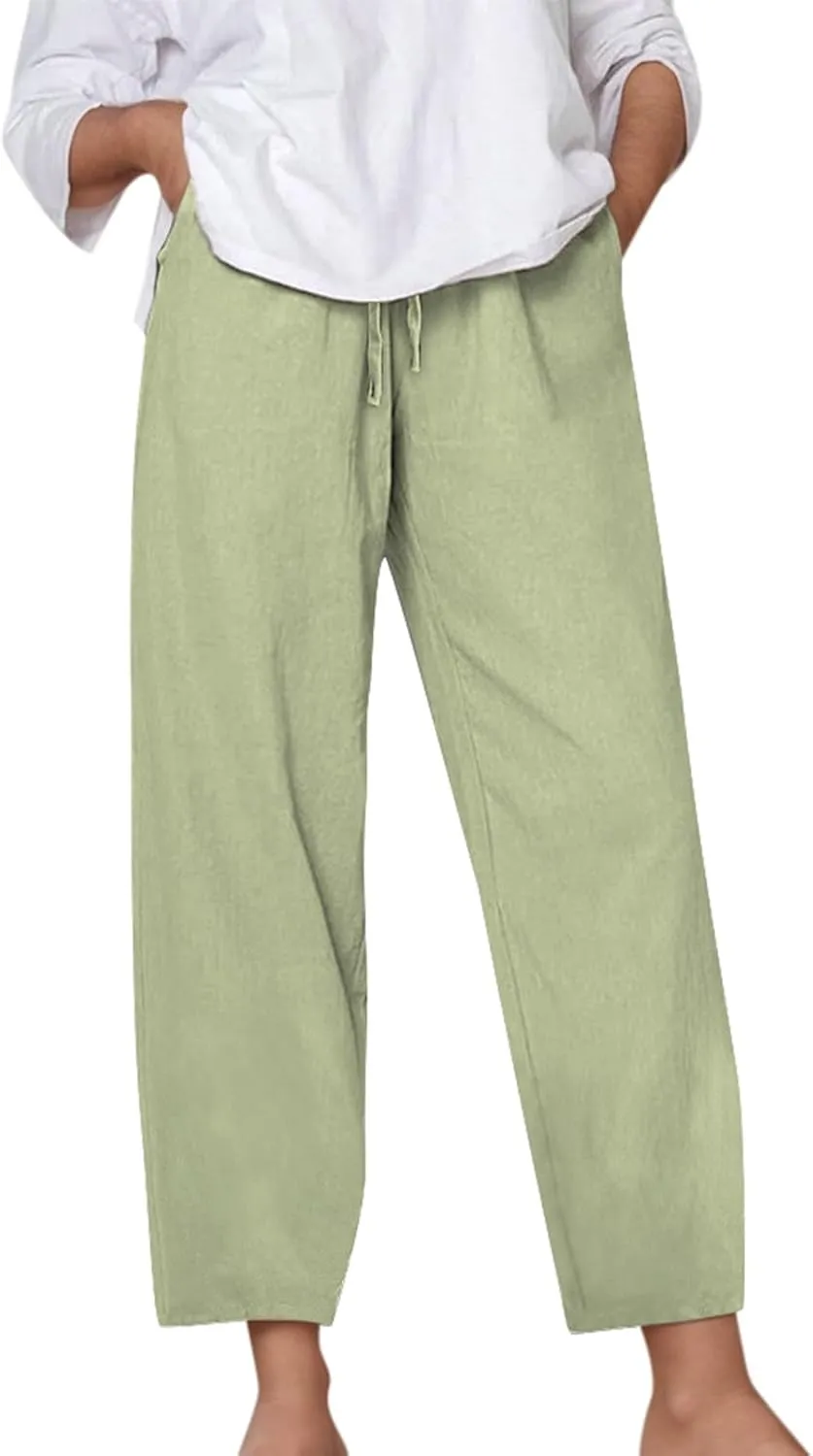 Linen Pants for Women Loose Elastic High Waist Yoga Pants Relax Fit Comfy Casual Trousers with Pockets Summer 2025