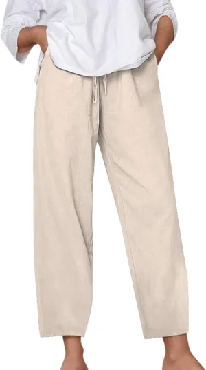 Linen Pants for Women Loose Elastic High Waist Yoga Pants Relax Fit Comfy Casual Trousers with Pockets Summer 2025