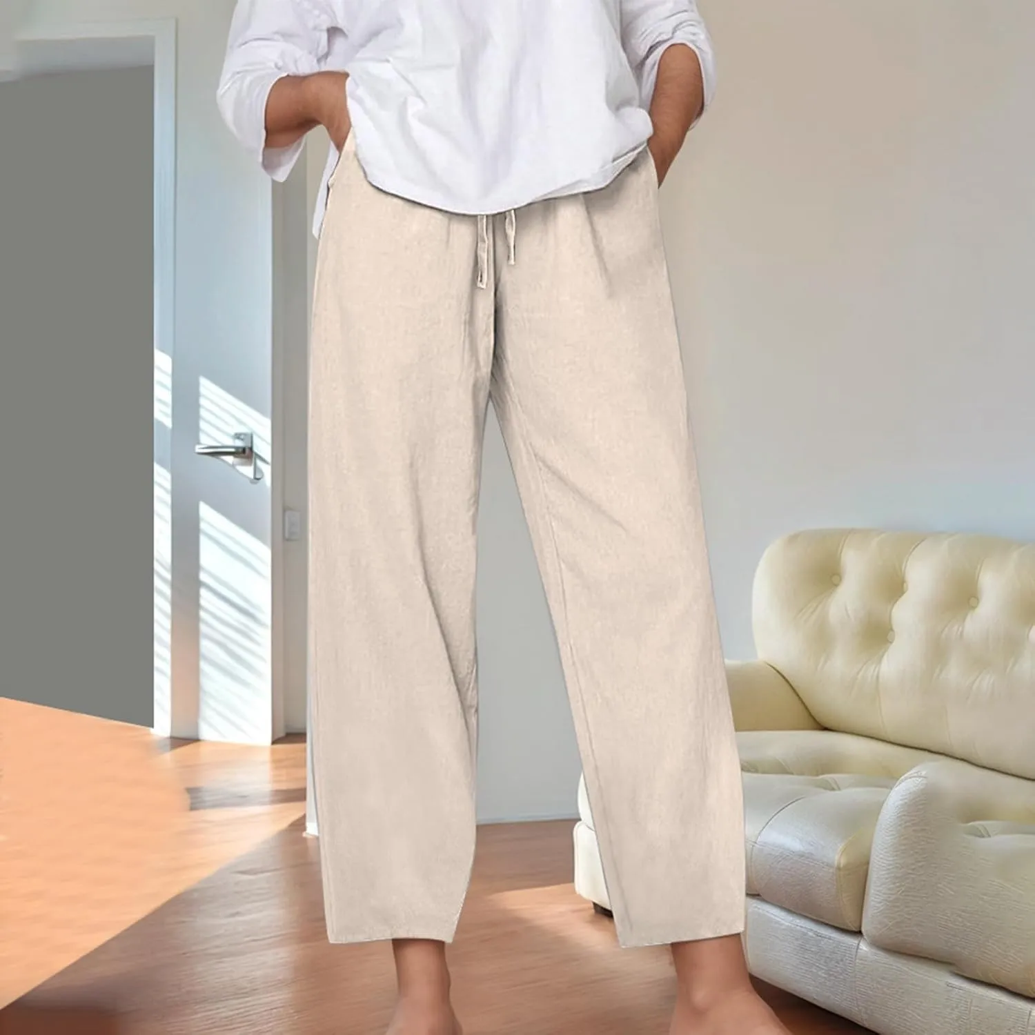 Linen Pants for Women Loose Elastic High Waist Yoga Pants Relax Fit Comfy Casual Trousers with Pockets Summer 2025